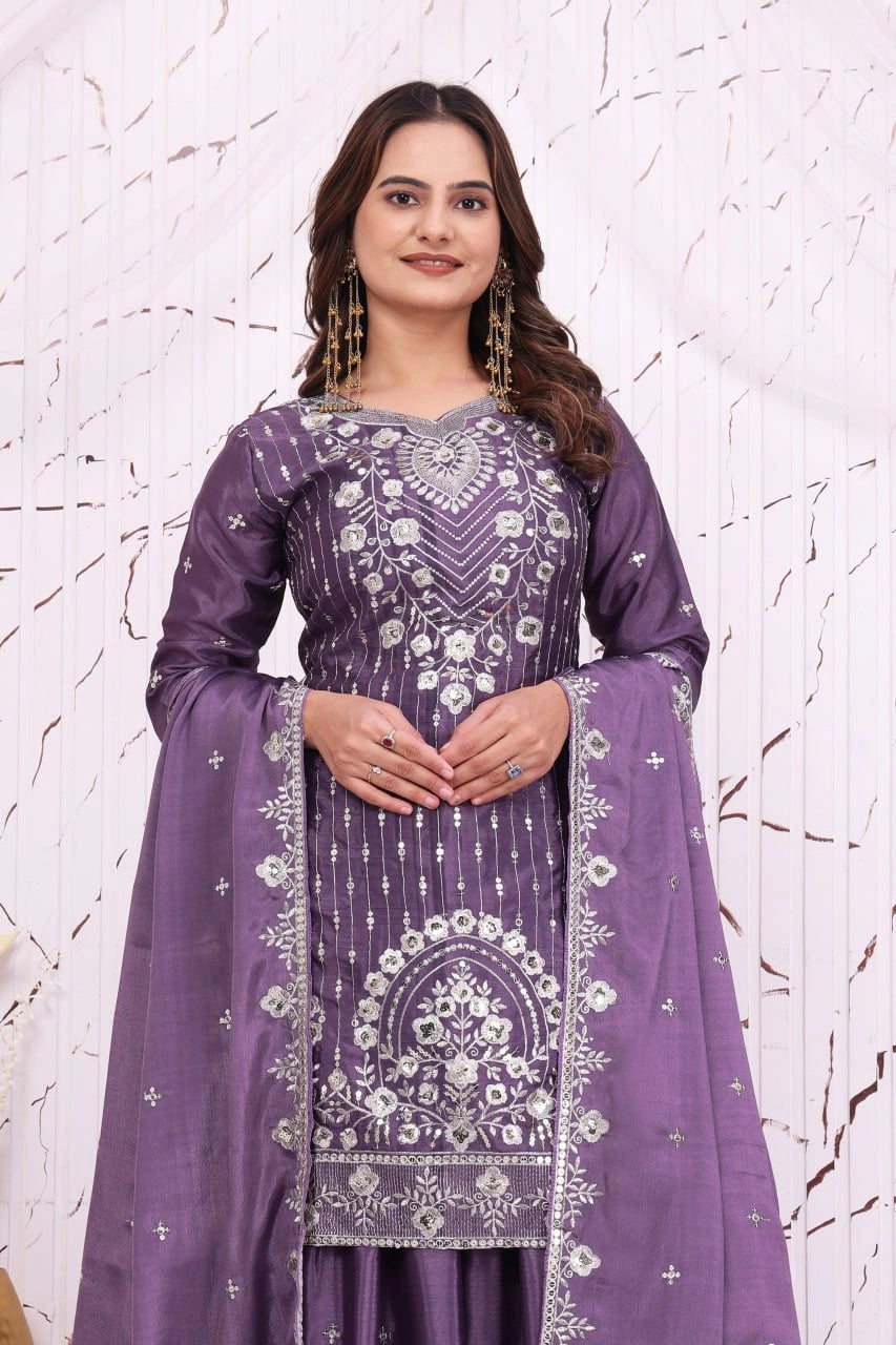 Lavender Chinon Suit With Dupatta KU276 Kalyanja