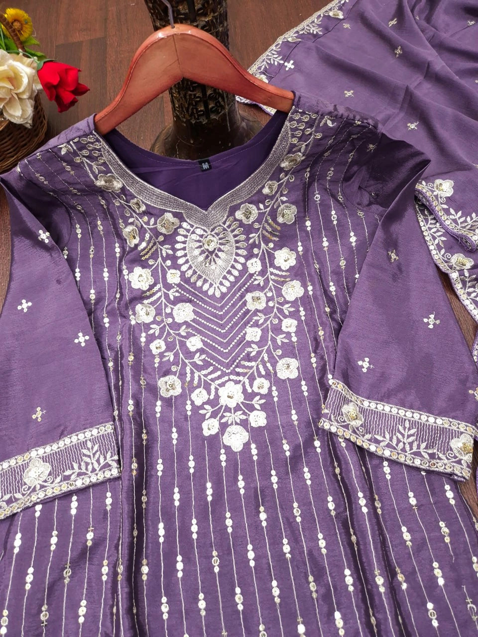 Lavender Chinon Sharara Suit Flat Lay KU276 Kalyanja