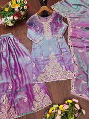 Lavender Sequins Embroidered Suit Sharara Dupatta KU256 flat lay complete set