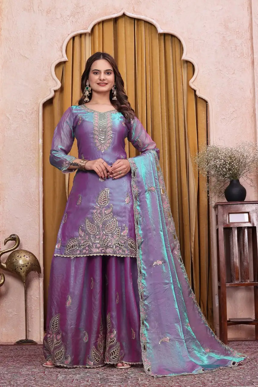 Lavender Sequins Embroidered Suit Sharara Pakistani KU256 front view full length