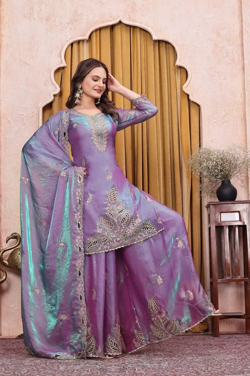 Lavender Sequins Embroidered Sharara Suit Kalyanja KU256 model with teal dupatta draped
