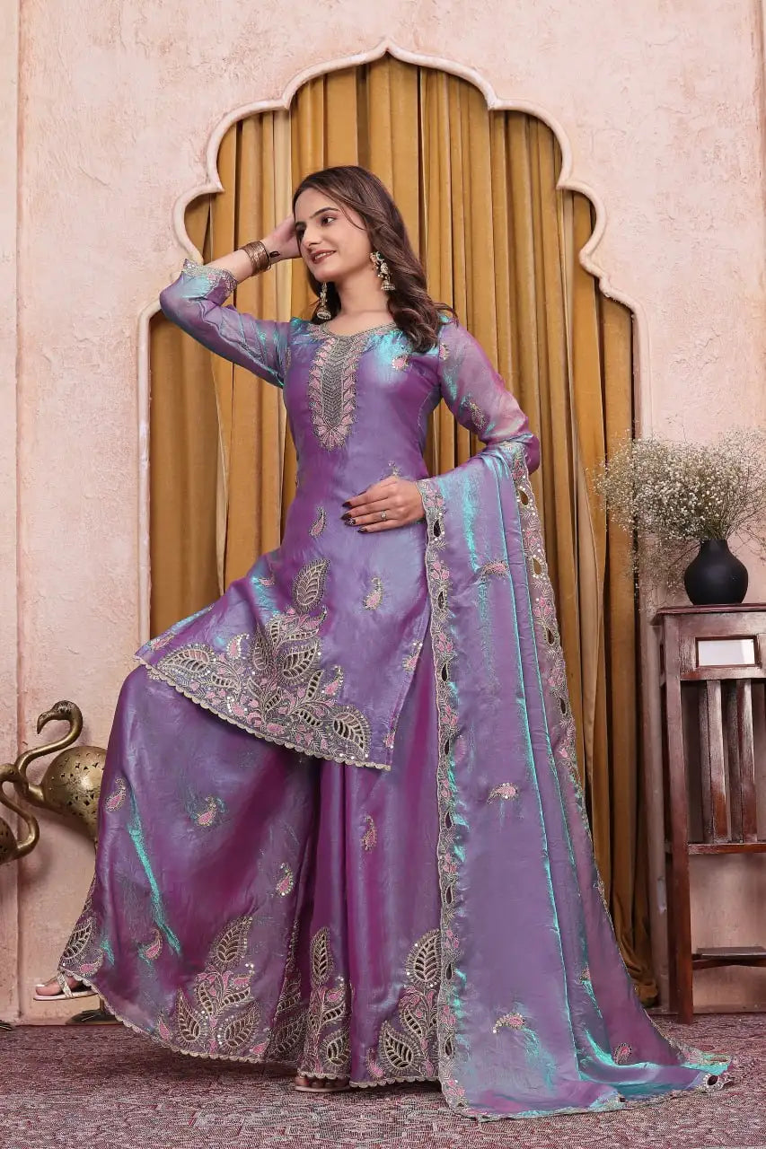 Lavender Fendy Silk Blend Sharara Suit KU256 model dynamic arm raised pose