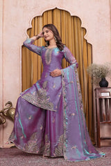 Lavender Fendy Silk Blend Sharara Suit KU256 model dynamic arm raised pose