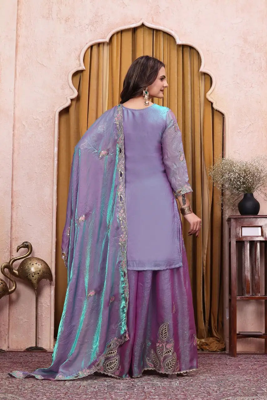 Lavender Sharara Suit KU256 model hand detail 3/4th sleeve cuff embroidery