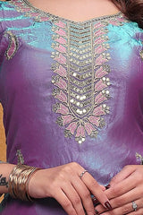 Lavender Sequins Embroidered Suit KU256 V-neck front panel embroidery close-up