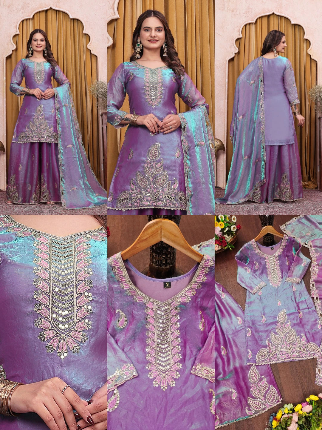 Lavender Sequins Embroidered Pakistani Sharara Suit KU256 collage all angles