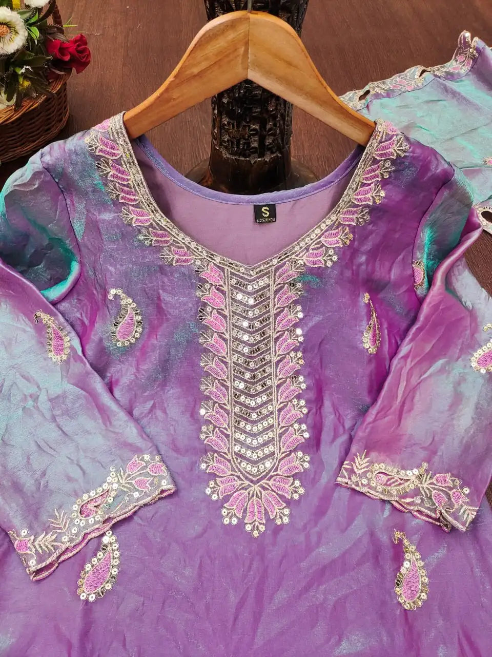 Lavender Fendy Silk Blend Sharara Suit KU256 flat lay dupatta teal close