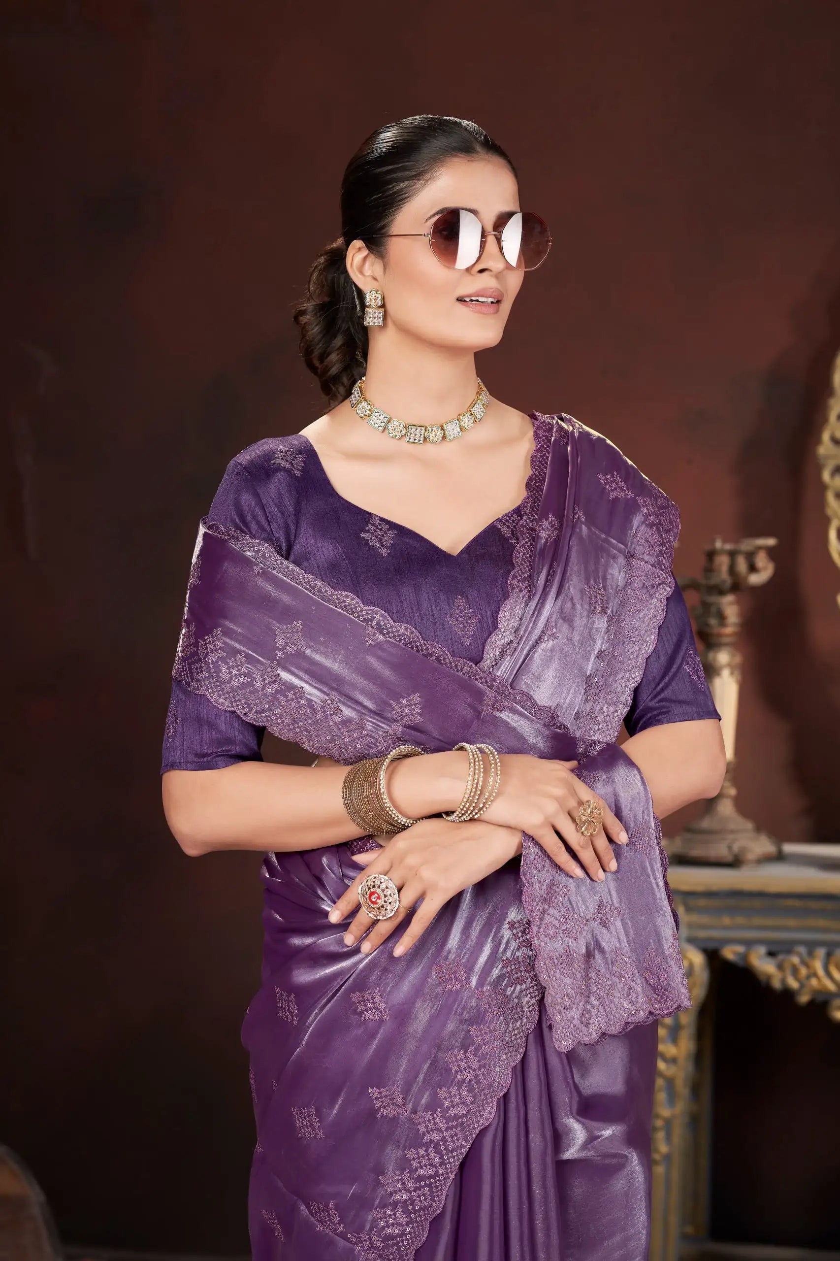 Lavender Sequins Saree draping close-up – KS377