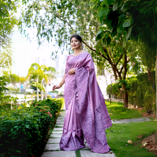 A woman models a luxurious Lavender/Violet Raw Silk Saree. The saree features a wide border and pallu with dense, tone-on-tone Kalamkari-style weaving in purple Zari. She wears a matching short-sleeve purple blouse and subtle gold jewelry, with flowers adorning her hair, posing outdoors on a stone pathway.