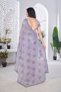 Lavender Thread Embroidered Saree – Tissue Net, Party Wear
