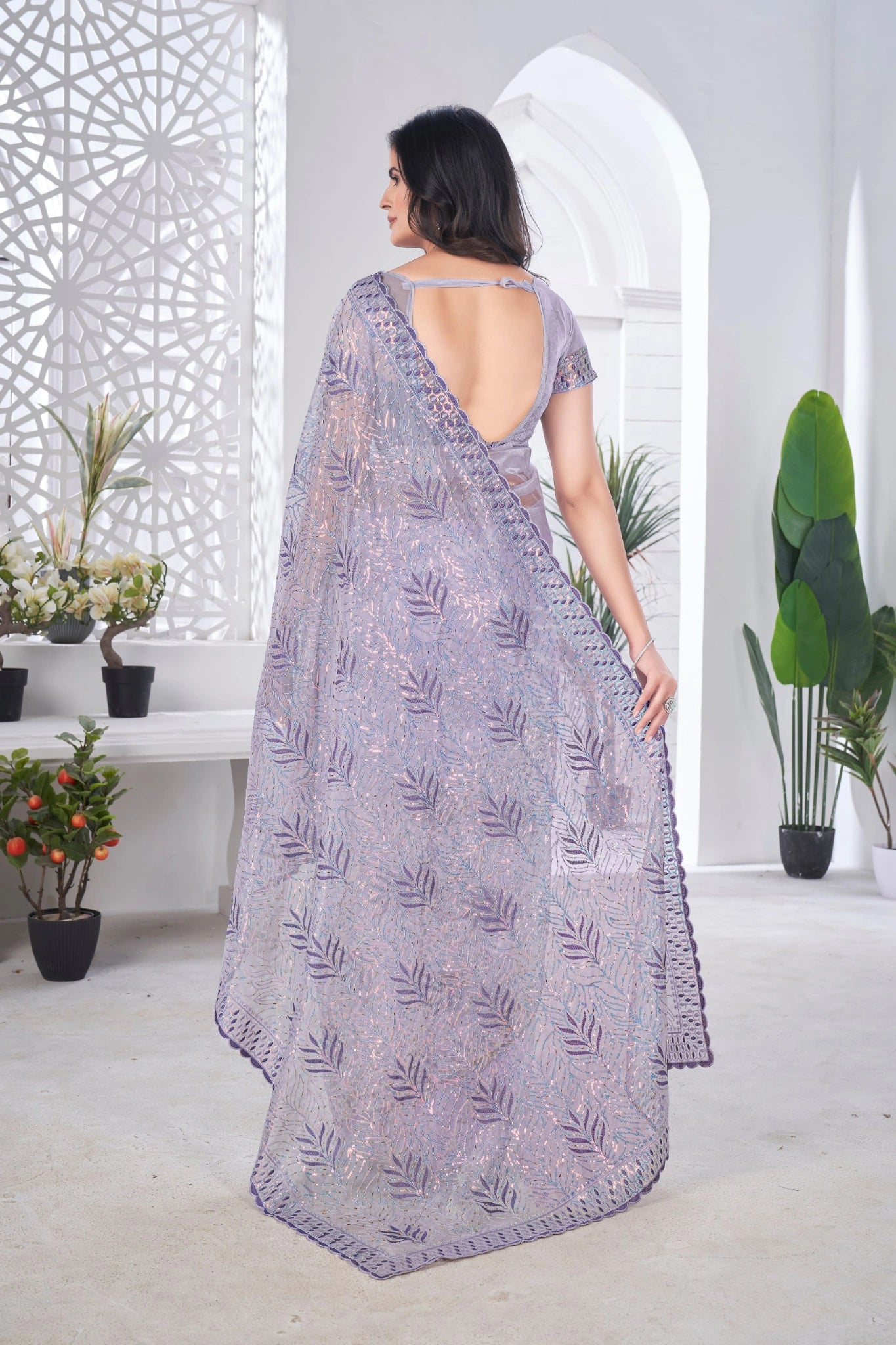 Lavender Thread Embroidered Saree | Tissue Net | KS389 | Kalyanja