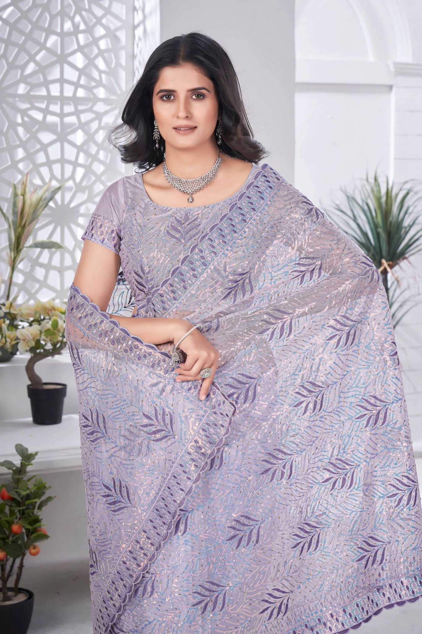 Lavender Thread Embroidered Saree Wedding | Tissue Net | KS389 | Kalyanja