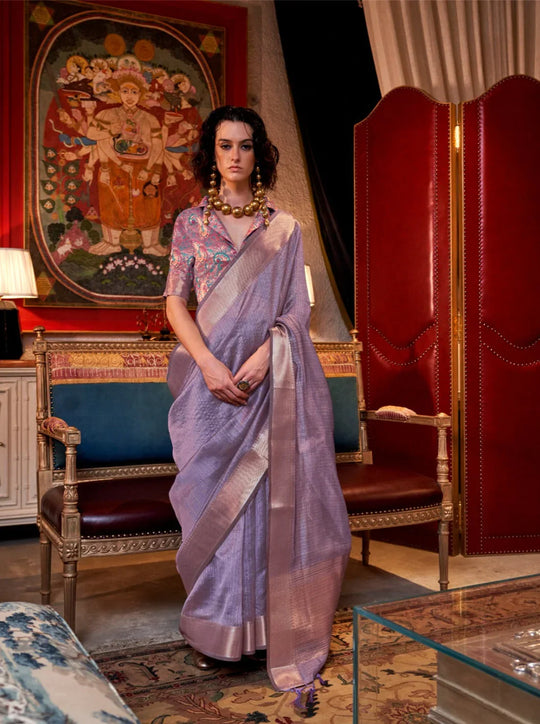 Lavender Jacquard Work Moss Chiffon Saree - kalyanja