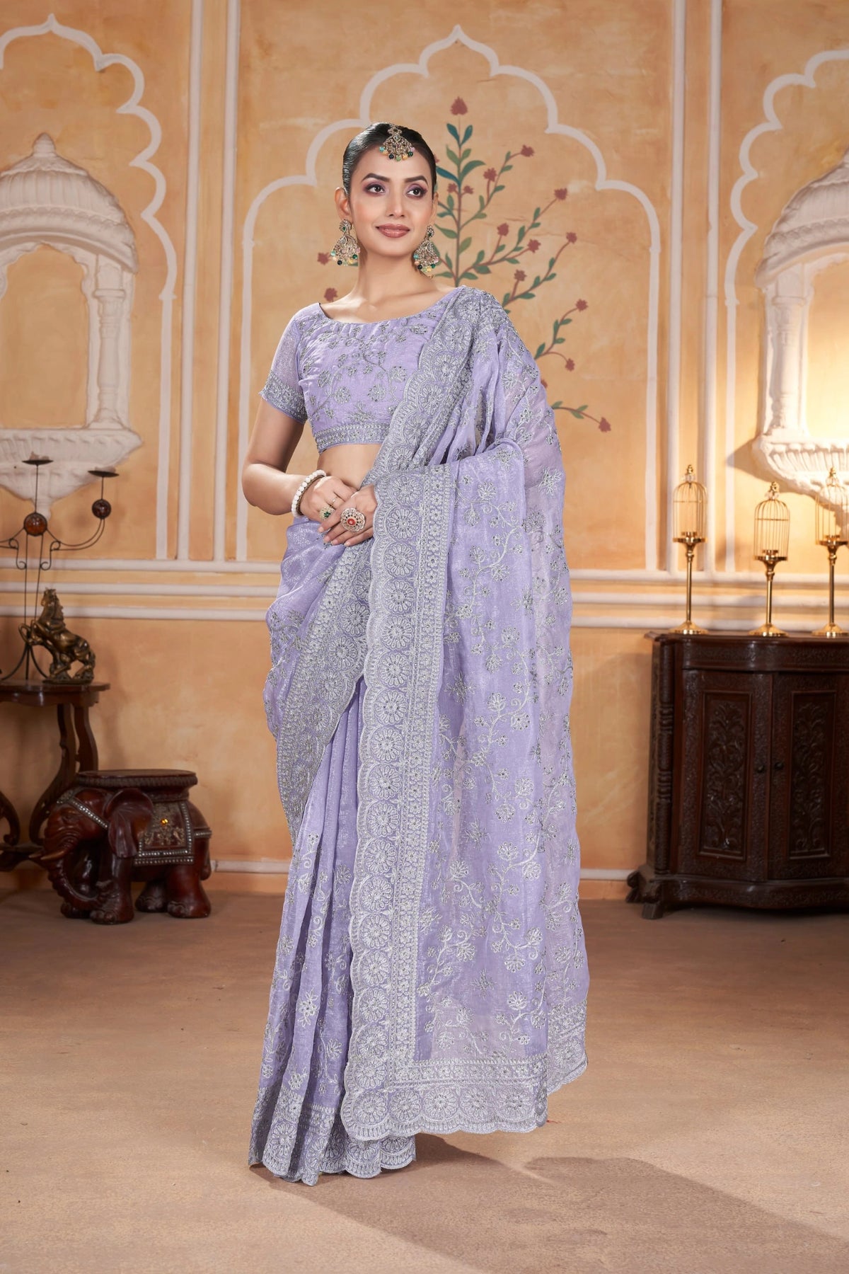 Lavender Zari Thread Embroidered Saree | Gold Crunchy | KS393 | Kalyanja