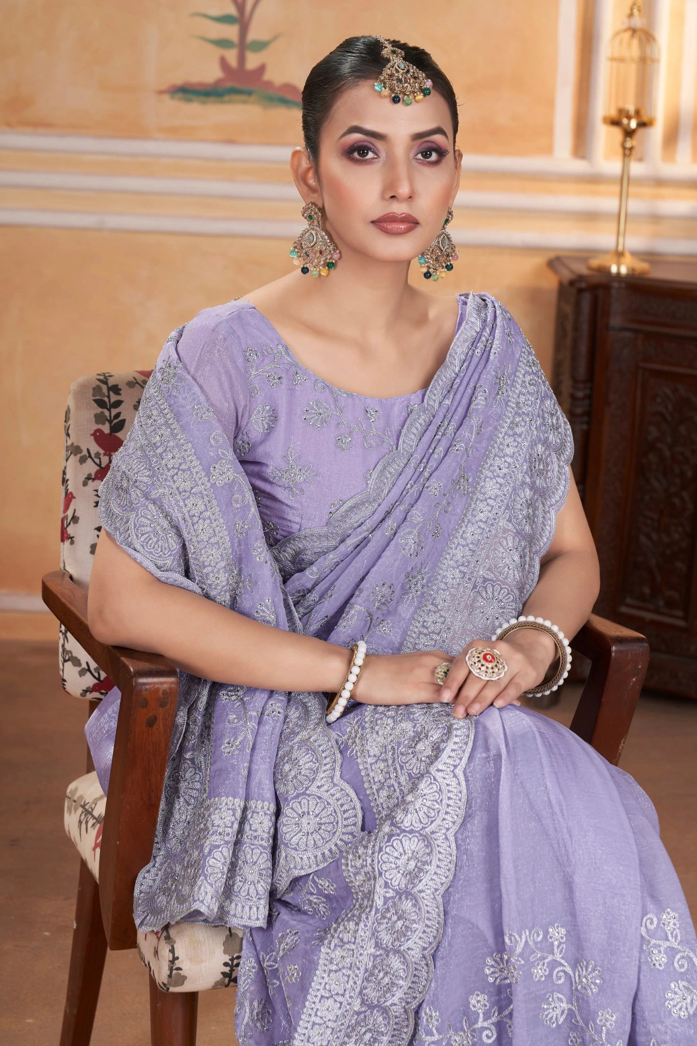 Lavender Zari Thread Embroidered Saree Detail | Gold Crunchy | KS393 | Kalyanja