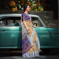 Light Beige Floral Print Silk Saree