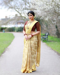 Light Golden Jacquard Work Saree Soft Lichi Silk Blend KS415 – full length view