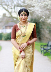 Light Golden Jacquard Work Saree Soft Lichi Silk Blend KS415 – front view