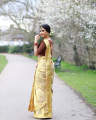 Light Golden Jacquard Work Saree Soft Lichi Silk Blend KS415 – side pallu view