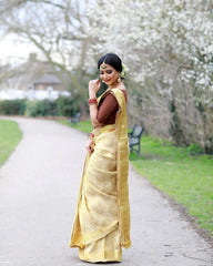 Light Golden Jacquard Work Saree Soft Lichi Silk Blend KS415 – model side view