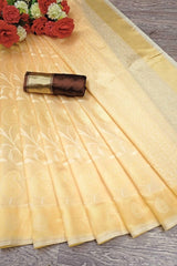 Light Golden Jacquard Work Saree Soft Lichi Silk Blend KS415 – pleats and blouse piece