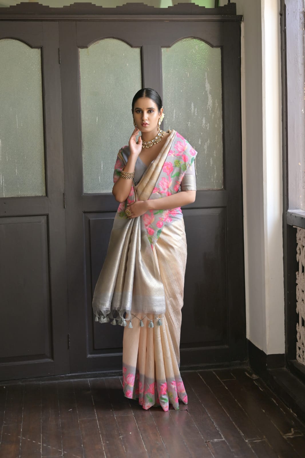 Light Gray Zari Work Soft Silk Saree