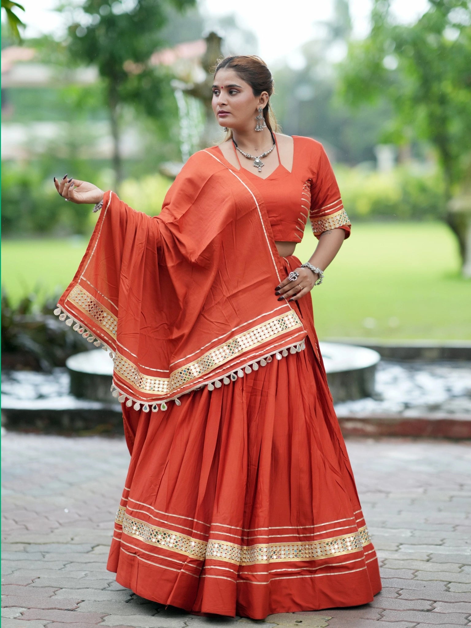Light Orange Gota Patti Mirror Lace Work Lehenga Full Length Front View – KL197 – Kalyanja