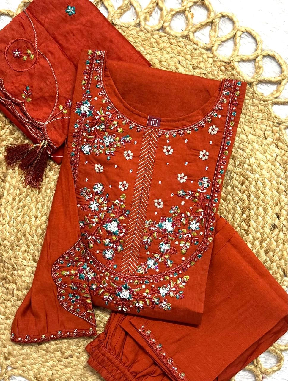 Light Orange Multi Thread Embroidered Kurti Marina Silk Blend KK110 - Flat Lay Detail