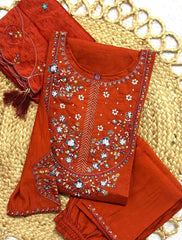 Light Orange Multi Thread Embroidered Kurti Marina Silk Blend KK110 - Flat Lay Detail