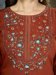 Light Orange Multi Thread Embroidered Kurti Marina Silk Blend KK110 - Front Full Length