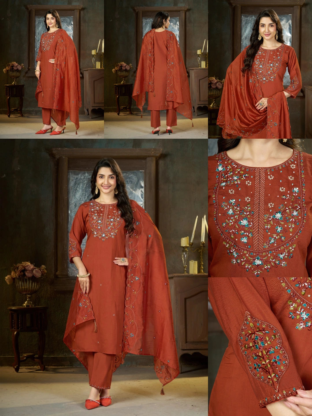 Light Orange Multi Thread Embroidered Kurti Marina Silk Blend KK110 - All Views