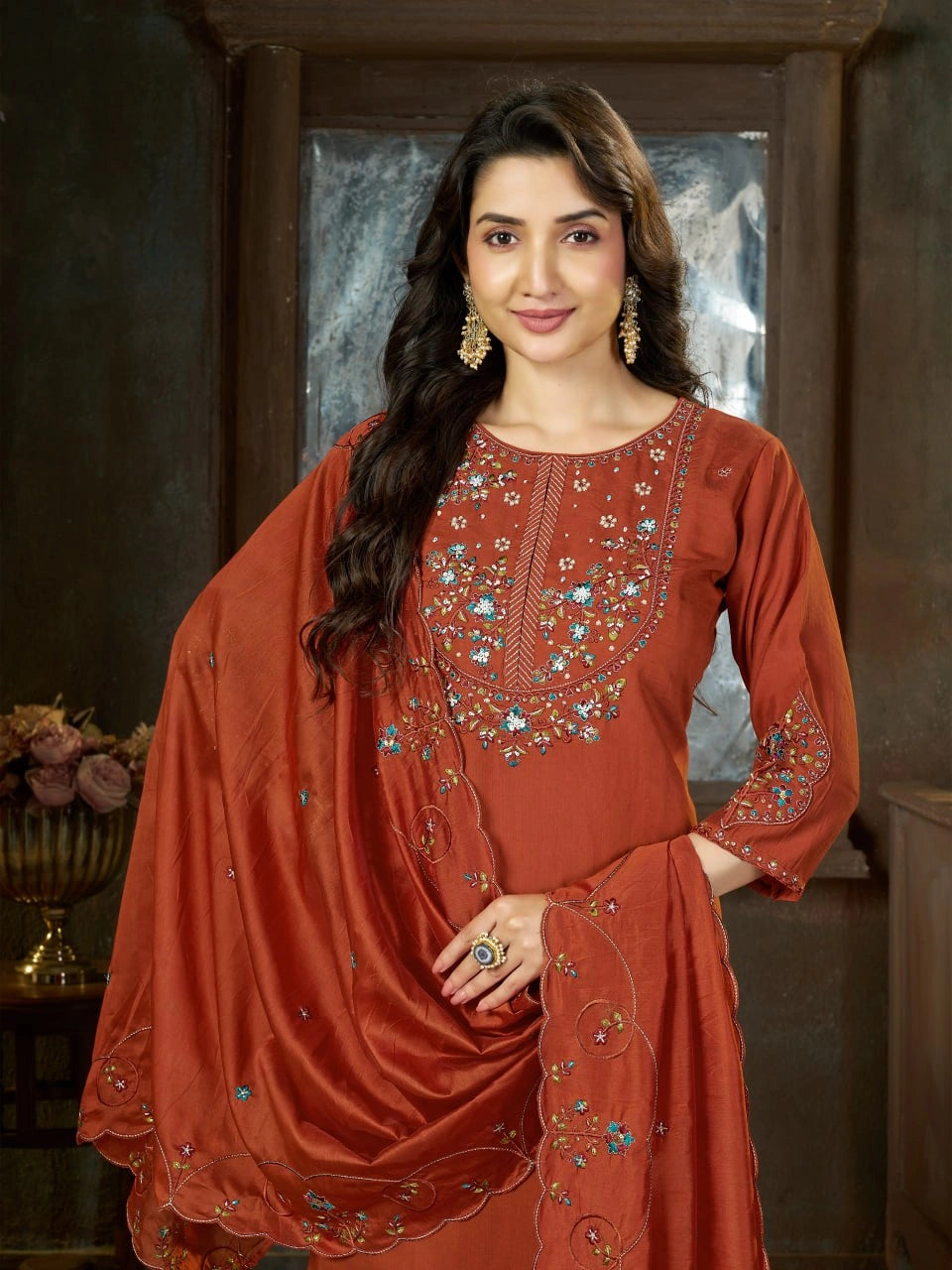 Light Orange Multi Thread Embroidered Kurti Marina Silk Blend KK110 - Sleeve Detail