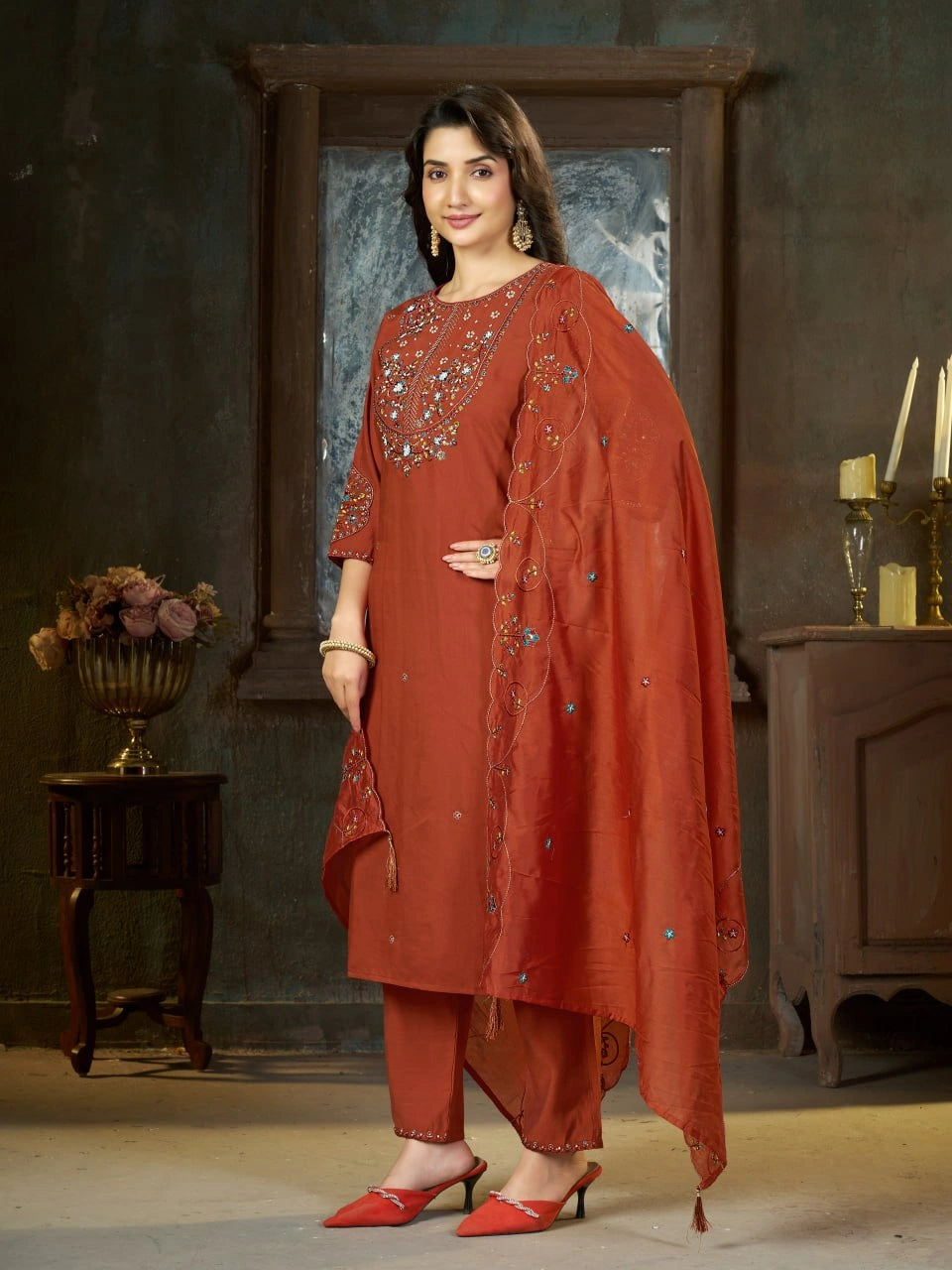Light Orange Multi Thread Embroidered Kurti Marina Silk Blend KK110 - Neckline Embroidery Detail