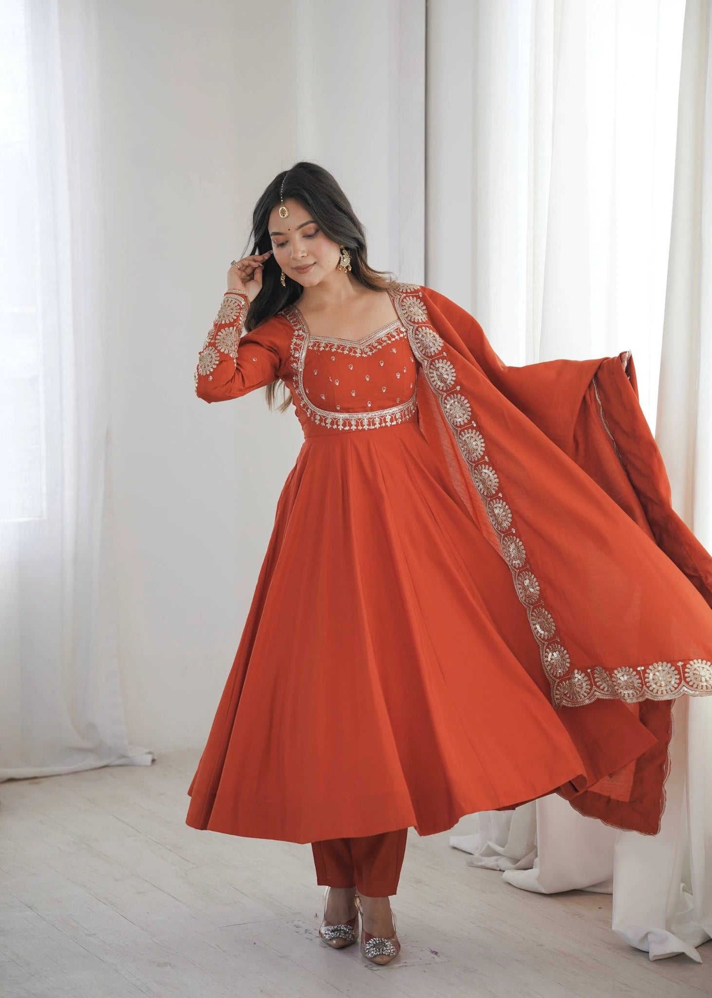 Light Orange Anarkali Hem Detail Sequins KU274 Kalyanja