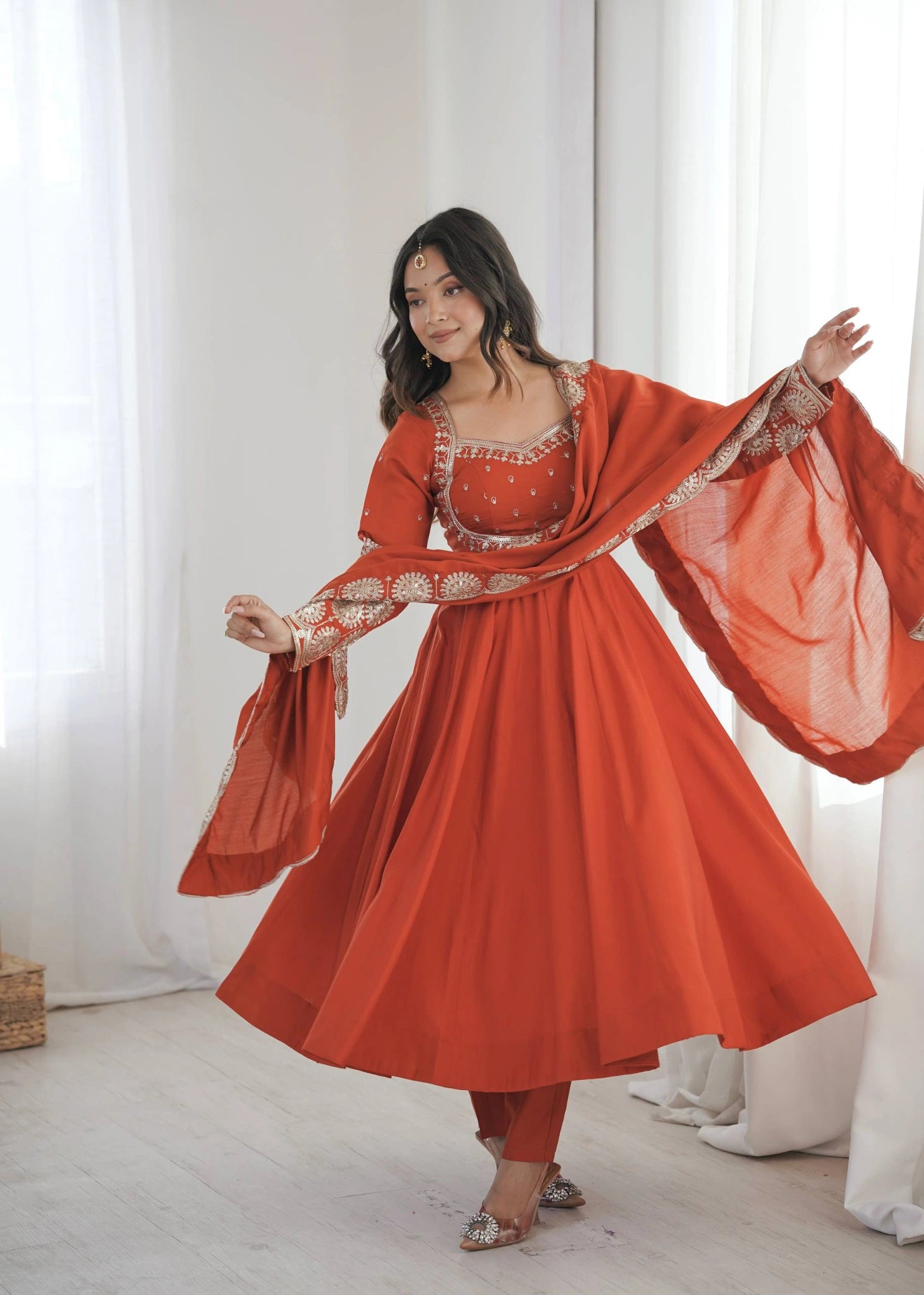 Light Orange Sequins Embroidered Suit Side View KU274 Kalyanja