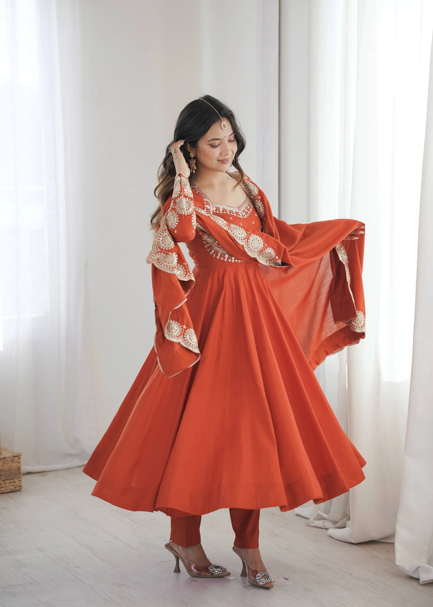 Light Orange Anarkali Suit With Dupatta KU274 Kalyanja