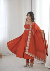 Light Orange Sequins Suit U Neck Detail KU274 Kalyanja