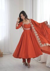 Light Orange Sequins Embroidered Anarkali Dupatta KU274 Kalyanja
