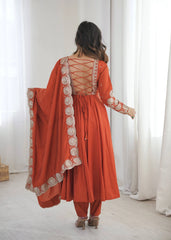 Light Orange Anarkali Suit Embroidery Close Up KU274 Kalyanja