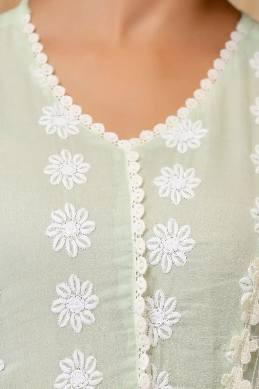 Light Pastel Green Suit Sleeve 3/4 Chikankari Close-Up – KU261