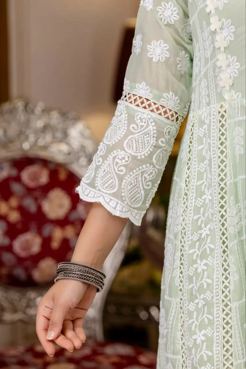 Light Pastel Green Chikankari Anarkali Suit Side View – KU261