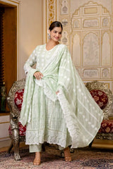 Light Pastel Green Lakhnowi Suit Embroidered Border Dupatta – KU261