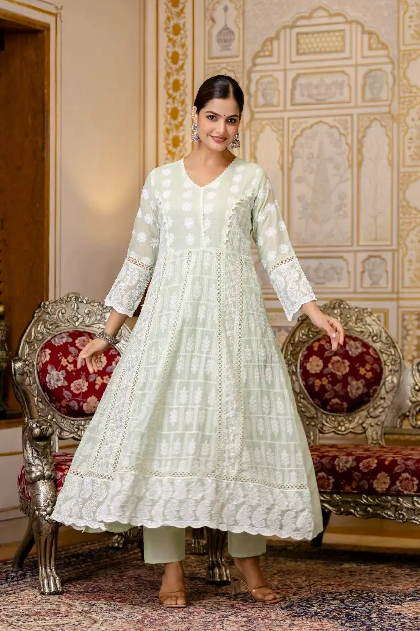 Light Pastel Green Mul Cotton Blend Suit Flat Lay Full Set – KU261