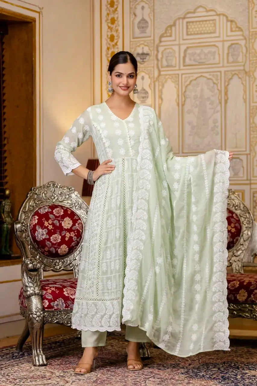 Light Pastel Green Suit Full View Lakhnowi Embroidery Detail – KU261