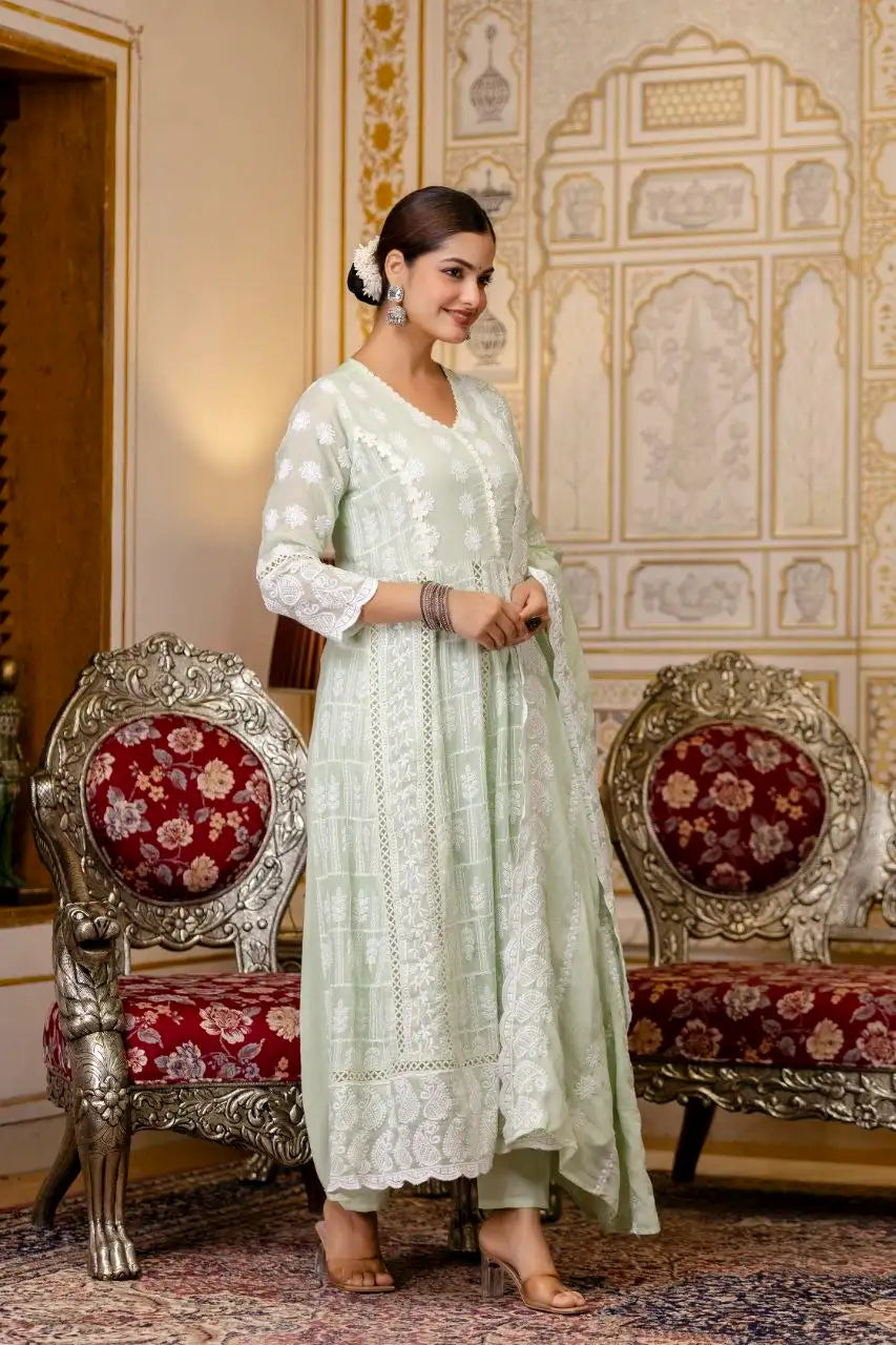 Light Pastel Green Anarkali Suit with Dupatta Chikankari Work – KU261