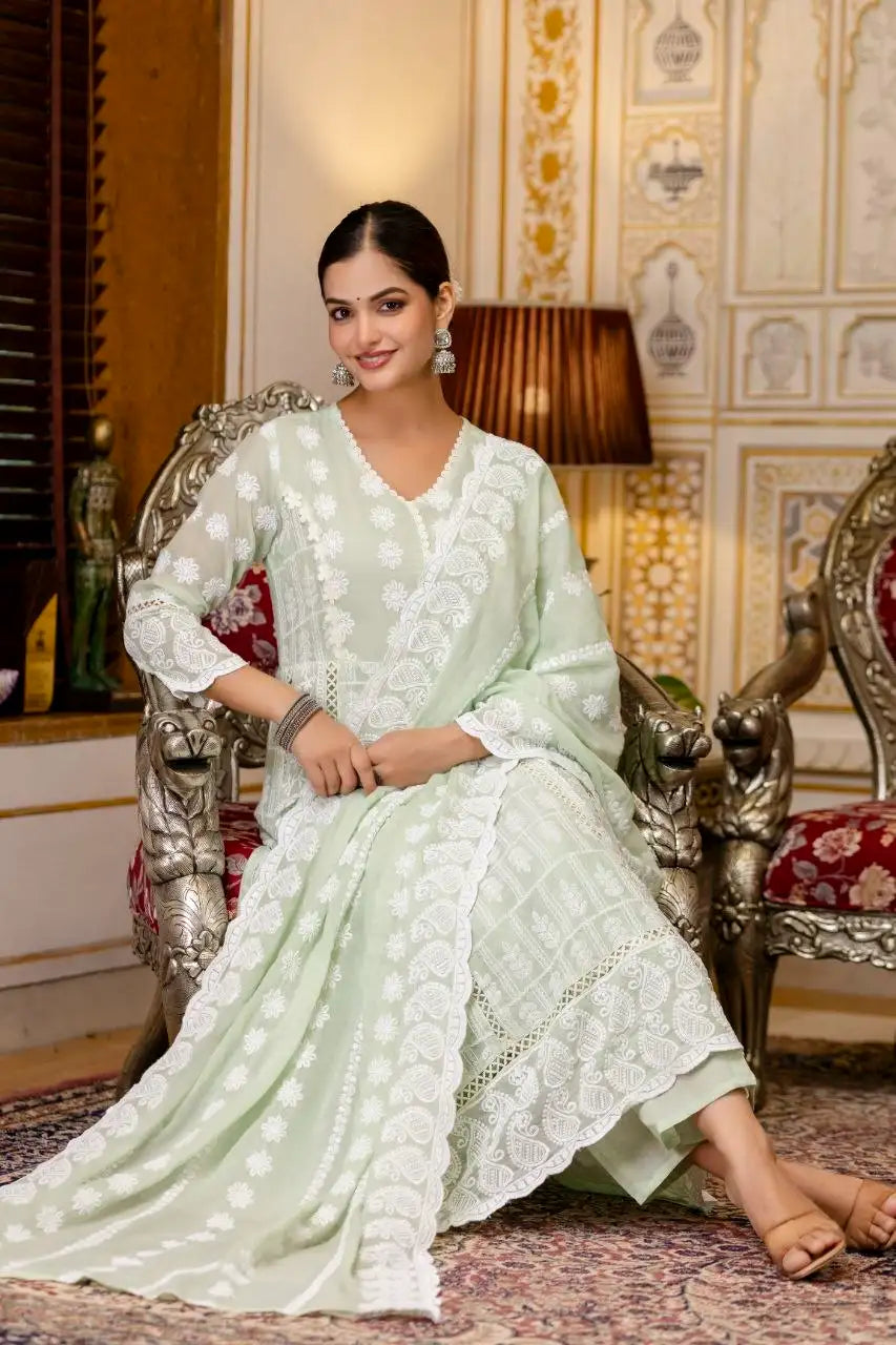 Light Pastel Green Lakhnowi Work Suit Model View – KU261