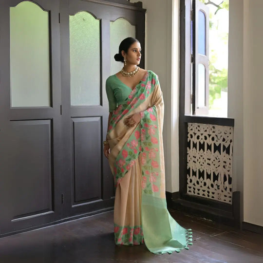 Light Pastel Green Zari Work Silk Saree