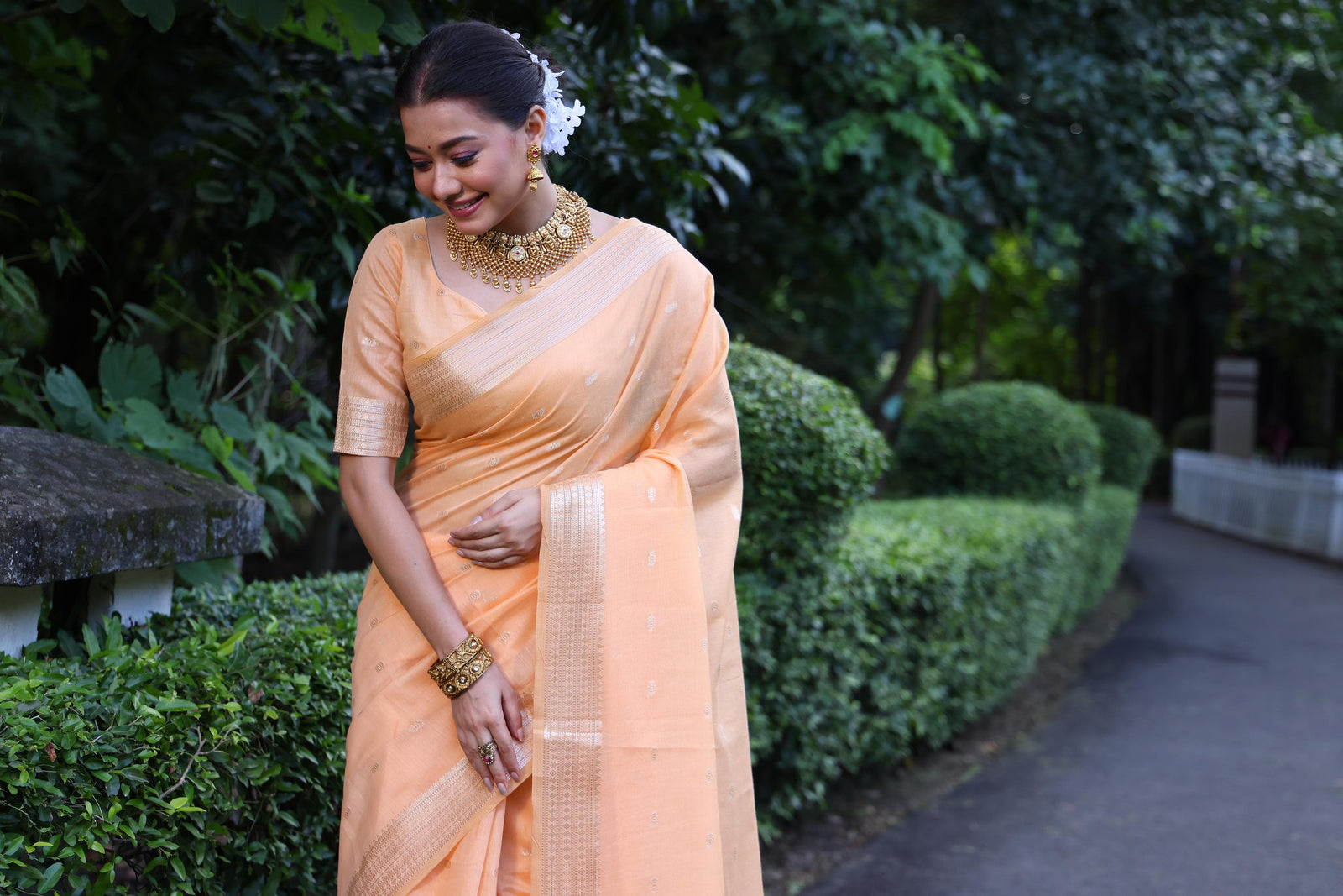 Light Peach Floral Embroidery Maheshwari Tissue Silk Saree - Elegant Traditional Women's Wear