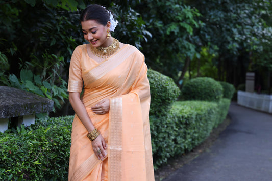 Light Peach Floral Embroidery Maheshwari Tissue Silk Saree - Elegant Traditional Women's Wear