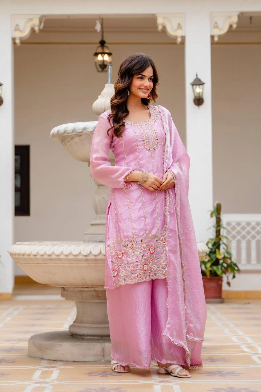 Light Pink Beads Work Suit Full Front View – Fendy Silk Blend | Kalyanja KU306